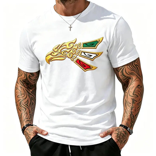 Golden Tribal Eagle Mexico Green White Red Flag Print Casual Mens Tshirt Mexican Culture Tribal Golden Eagle Graphic Short Sleeve Shirt, Patriotic Green White Red Feather Accent Country Pride T-Shirt For All Genders