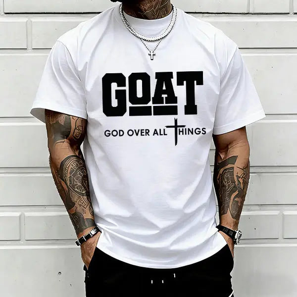 Men's "God Over All" Cotton Graphic T-Shirt - 100% Cotton, Breathable Loose Short-Sleeve Round Neck, Urban Faith Trendy Graphic Shirts, Everyday Outdoor Casual Clothes Products, Christian Apparel, Spring Gift for Him, Streetwear Top, Men's Shirts Graphic