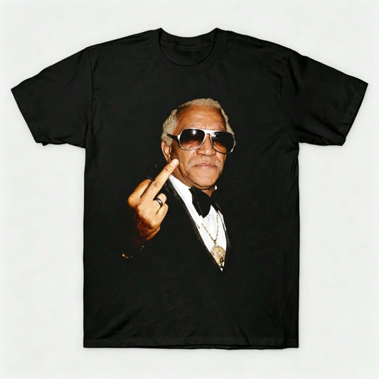 Women's Vintage Retro Redd Foxx Middle Finger Portrait Graphic Short-Sleeve T-Shirt - 100% Cotton Oversized Sanford and Son Comedian Streetwear Tops - Unisex Menswear Vibe Black White Custom Puerto Rico Football Fan Angel Wings Cut Cherry Everglow Tee