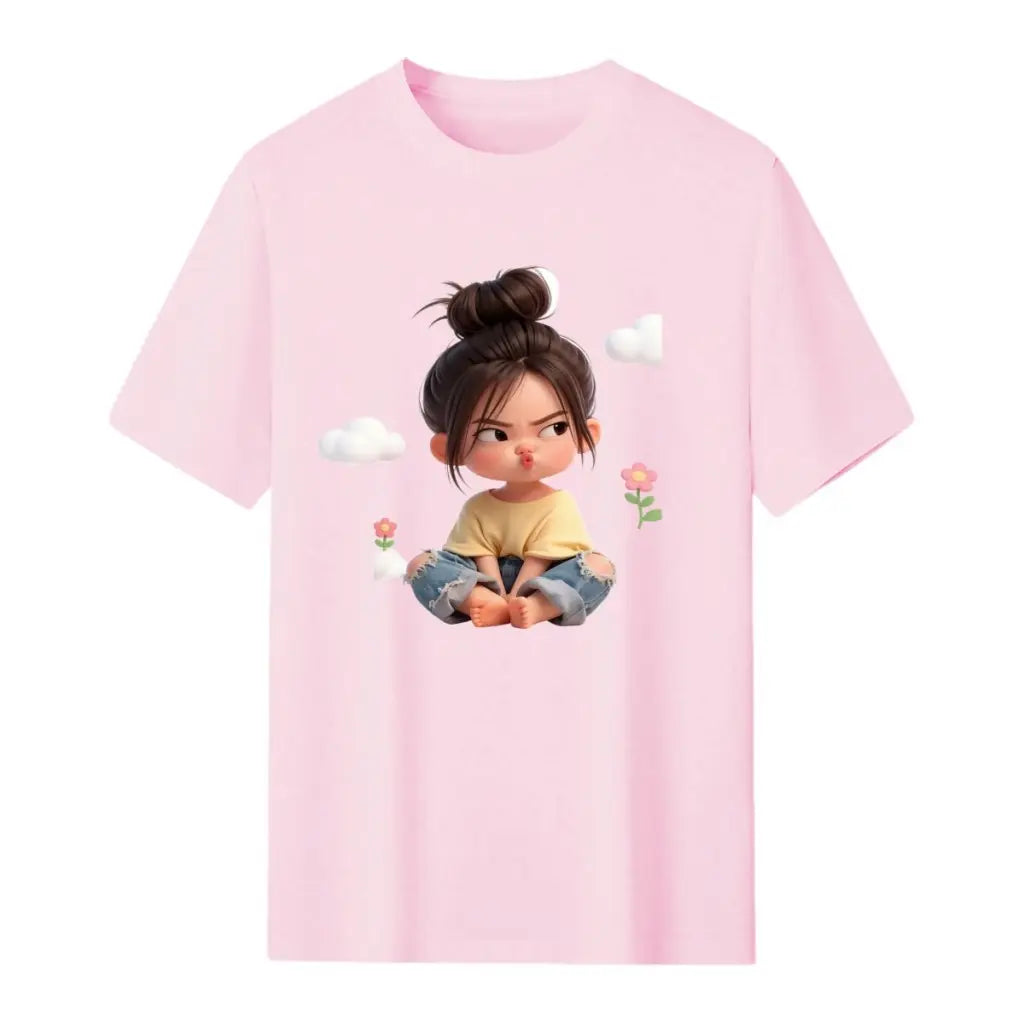 Women's Premium Cotton Cartoon Girl & Clouds Graphic T-Shirt - Short Sleeves, Crew Neck, Fitted, Elastic, Comfortable, Blush Pink Aesthetic, Casual Girly Tops, Valentine's Day Colorful Style All Seasons Beach Tee Sohochic, Valentines Day, Cartoon Style