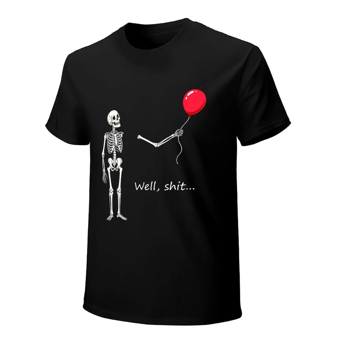 Funny Skeleton Balloon Shirt, Dark Humor Graphic Tee, Halloween Style Black Short Sleeve Cotton Blend Top, Skeleton Gift Shirt