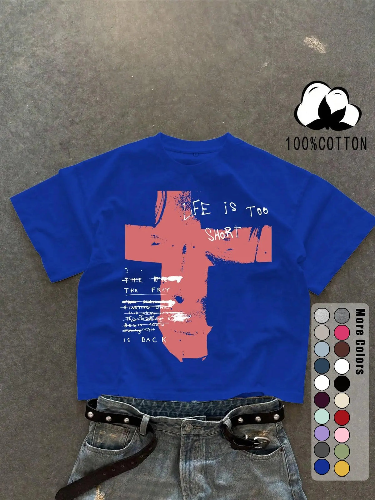 Unisex 100% Cotton Short Sleeve Round Neck T-Shirt, Cross Graffiti Print, Y2K Dark Gothic Street Style, Streetwear, Casual Daily Wear, Loose-Fitting, Long Length, Aesthetic
