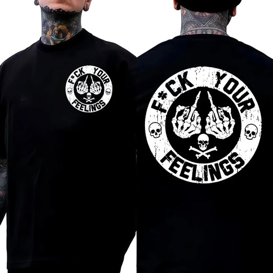 Men's "F*ck Your Feelings" Skull Graphic T-Shirt, Short-Sleeve Round Neck Loose Menswear, Bold Statement Limited Edition Fashion Streetwear Casual Angel Tee tiktokshopspringglowup,summervibes Cotton Tops Black Crewneck Tropical