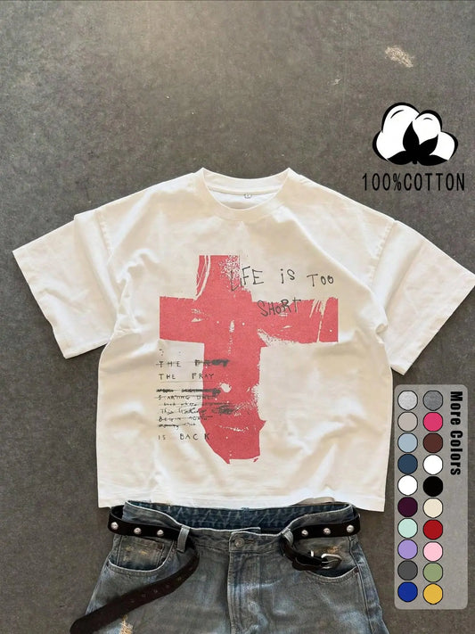 Unisex 100% Cotton Short Sleeve Round Neck T-Shirt, Cross Graffiti Print, Y2K Dark Gothic Street Style, Streetwear, Casual Daily Wear, Loose-Fitting, Long Length, Aesthetic