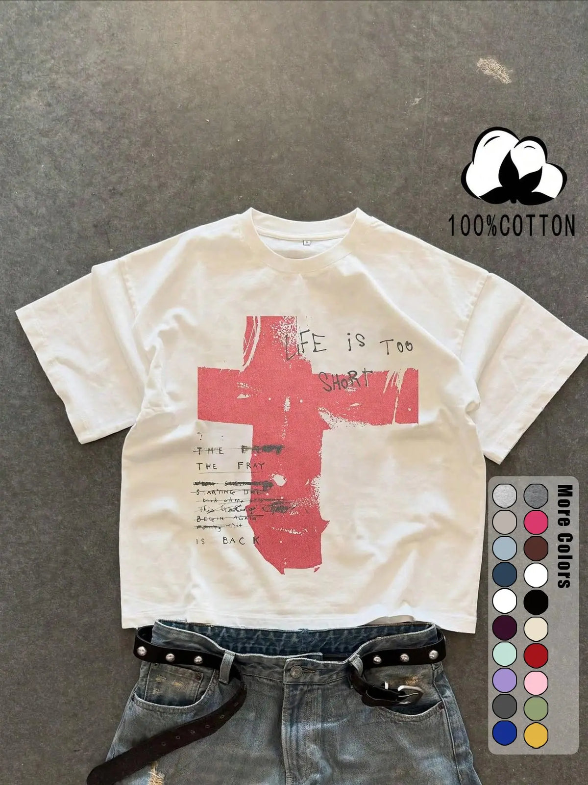 Unisex 100% Cotton Short Sleeve Round Neck T-Shirt, Cross Graffiti Print, Y2K Dark Gothic Street Style, Streetwear, Casual Daily Wear, Loose-Fitting, Long Length, Aesthetic