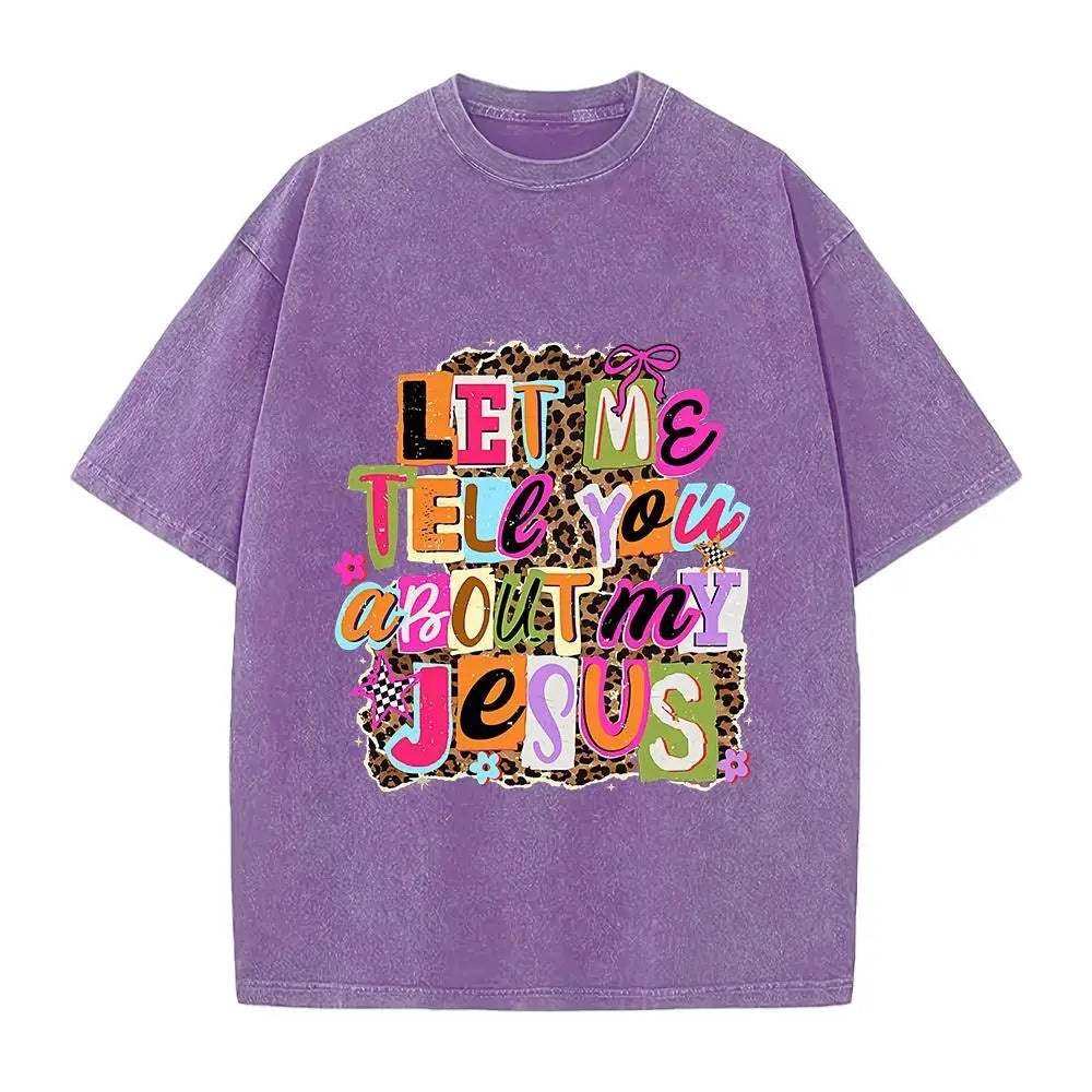 Let Me Tell You About My Jesus" T-shirt, Christian-style leopard print, faith quote T-shirt design, religious Easter shirt. Fit Womenswear Top Knit,sohochic