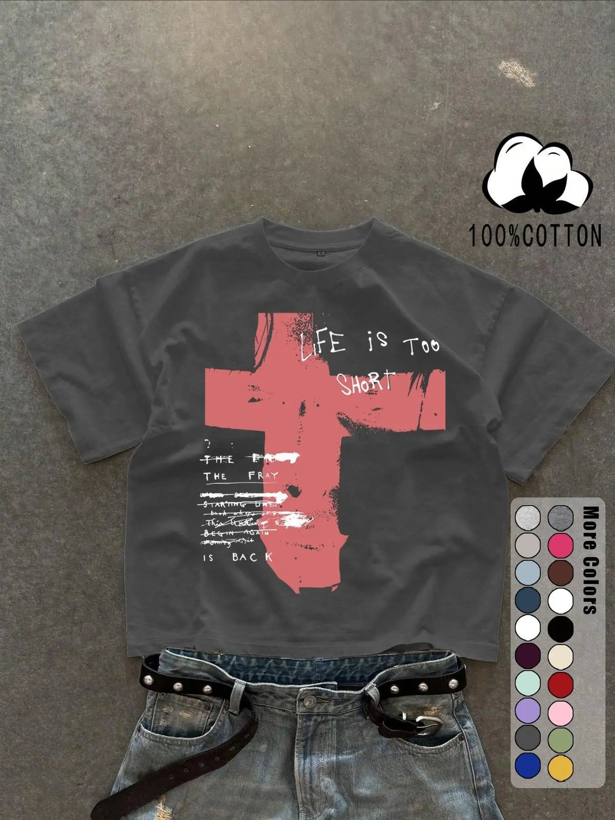 Unisex 100% Cotton Short Sleeve Round Neck T-Shirt, Cross Graffiti Print, Y2K Dark Gothic Street Style, Streetwear, Casual Daily Wear, Loose-Fitting, Long Length, Aesthetic