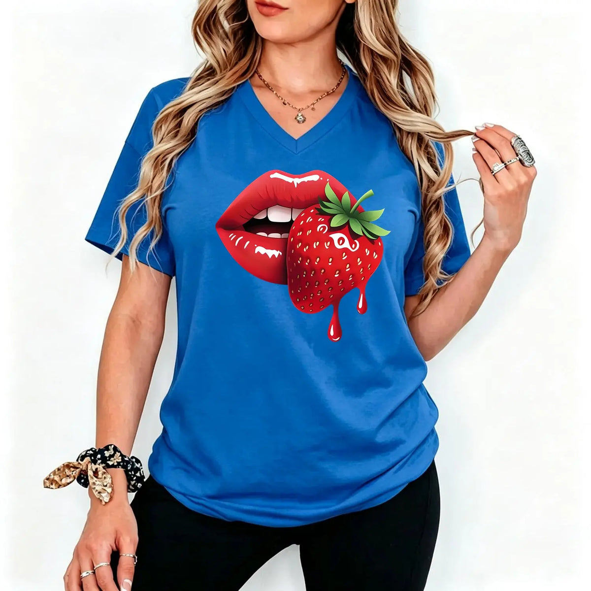 Women S Casual T Shirt Featuring Strawberry Lip Print Comfortable Fit Short Sleeve Machine Washable Ideal for Spring Summer and Fall Perfect Gift for Sisters