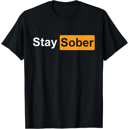 "Stay Sober" Bold Statement Graphic T-Shirt, Minimalist Black Tee with Orange Accent,Minimalist Style Casual Cotton Short Sleeve Letter Print T-Shirt for Men