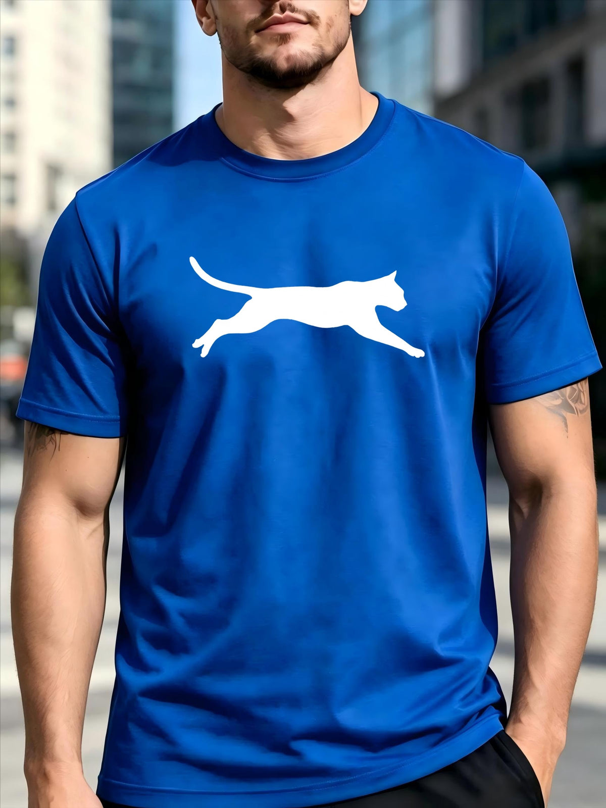 Gym Outdoor Men Breathable Short Sleeve Clean Solid Sprint Cheetah Minimal Wild Animal Outline Soft Loose Commute Top