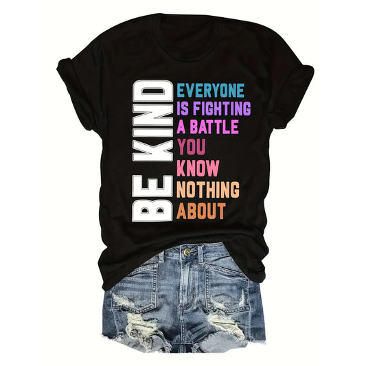 Women's "Be Kind" T-Shirt, Casual Crew Neck Garment with Inspirational Quote Digital Print, Short Sleeve All-Season Top, Unisex, Clothes, T Shirts, Loose, Women's Clothes, Graphic Tee, Casual Wear