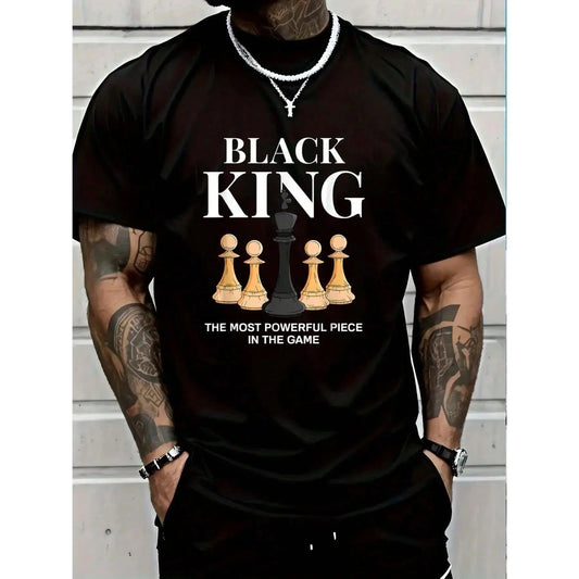 Black King Chess Piece Graphic Short Sleeve Shirt, Relaxed Fit Soft Breathable Womens Summer Clothing Featuring Durable Printed Craft, Inspirational Letter Tee, Fashionable Summer Outfits Women, Powerful Statement Apparel Aligned With SummerVibes, Casual,