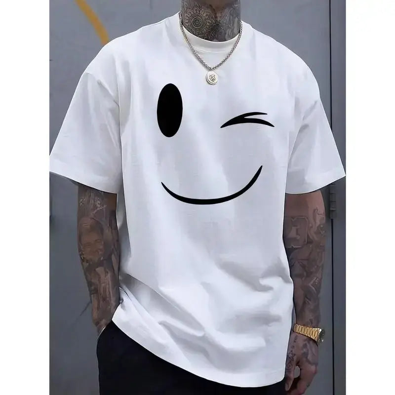 [100% cotton]Summer Must-Have: Men's Fashionable Smiling Face Printed Casual T-Shirt - Breathable , Round Neck, Short Sleeved