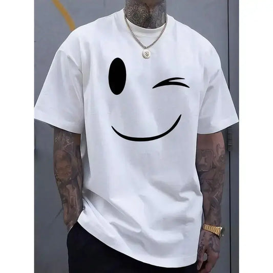 [100% cotton]Summer Must-Have: Men's Fashionable Smiling Face Printed Casual T-Shirt - Breathable , Round Neck, Short Sleeved