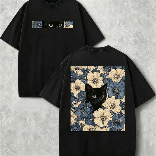Men's Casual Wear 230gsm Cotton Double-Sided Print T-Shirt - Retro Washed, Loose-Fit Oversized Streetwear, Round Neck/Crew Neck, Short-Sleeve, Vintage Floral Feline Graphic Soft Comfortable Crewneck Top, Shortsleeve, Oversize Cut