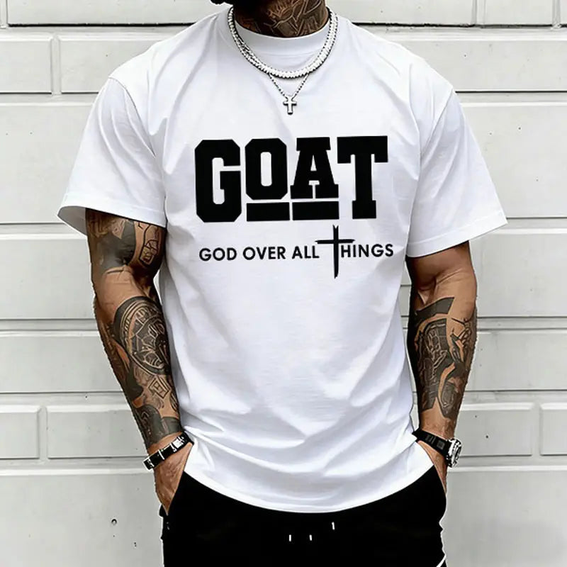 Men's "God Over All" Cotton Graphic T-Shirt - 100% Cotton, Breathable Loose Short-Sleeve Round Neck, Urban Faith Trendy Graphic Shirts, Everyday Outdoor Casual Clothes Products, Christian Apparel, Spring Gift for Him, Streetwear Top, Men's Shirts Graphic