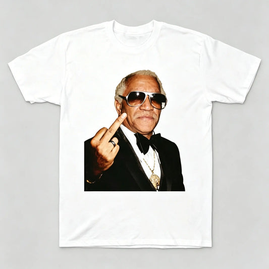 Women's Vintage Retro Redd Foxx Middle Finger Portrait Graphic Short-Sleeve T-Shirt - 100% Cotton Oversized Sanford and Son Comedian Streetwear Tops - Unisex Menswear Vibe Black White Custom Puerto Rico Football Fan Angel Wings Cut Cherry Everglow Tee