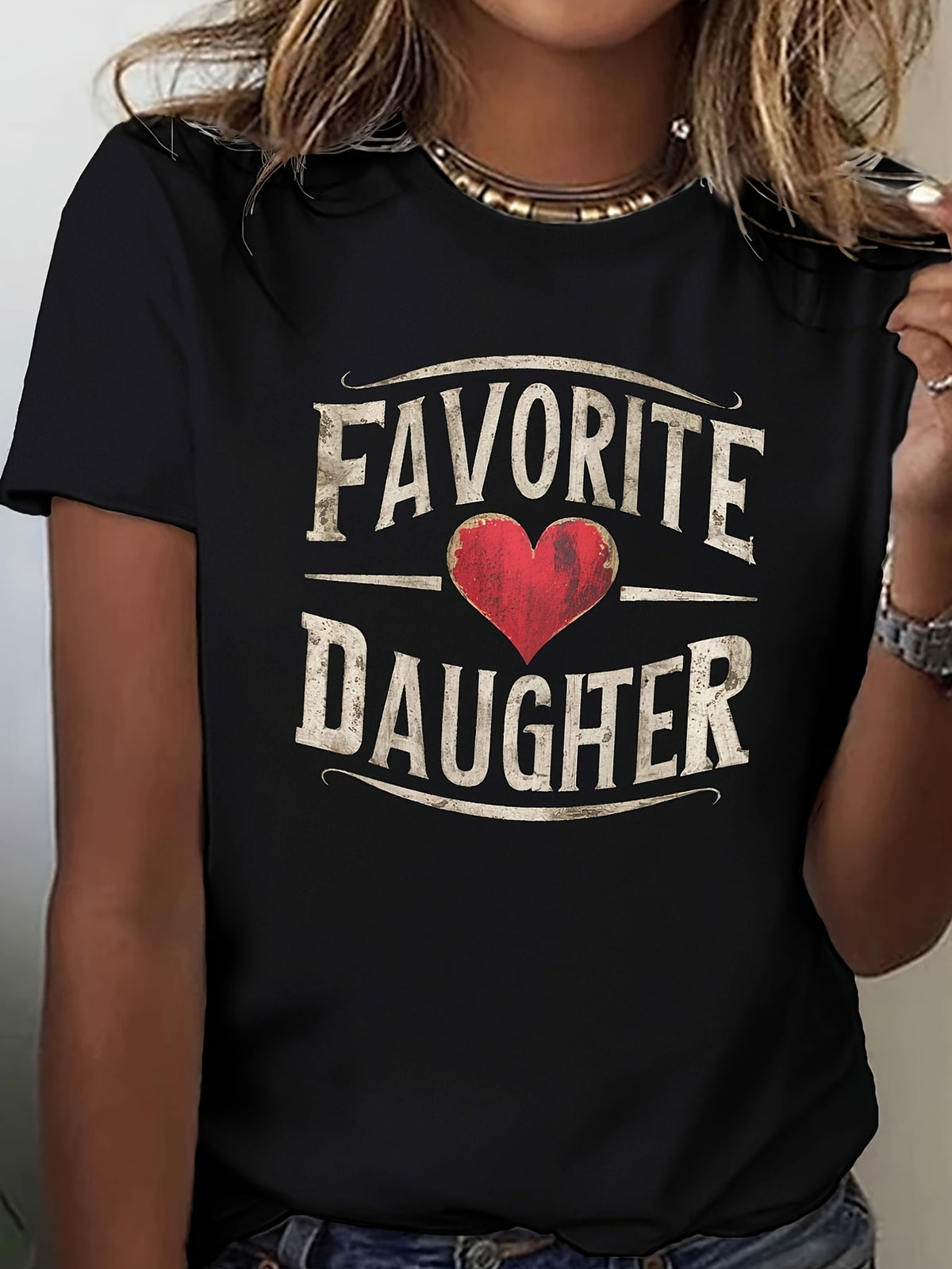 Women'S Favorite Daughter Graphic T-Shirt | Soft Everyday Tee with Bold Lettering & Heart Symbol, Perfect Mother'S Day Birthday Gift - Comfort Fit Crew Neck Casual Top for Family Gatherings & Casual Wear, Spring/Summer, Machine Washable, Breathable