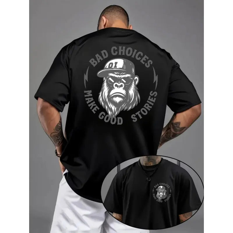 Men's Unisex Crew Neck Fabric T-Shirt - Bad Choices Make Good Stories Chimpanzee Print, Simple Soft Apparel, All-Season Comfort, Heavyweight 100% Cotton Short-Sleeve Sport Top for Outdoor Activities