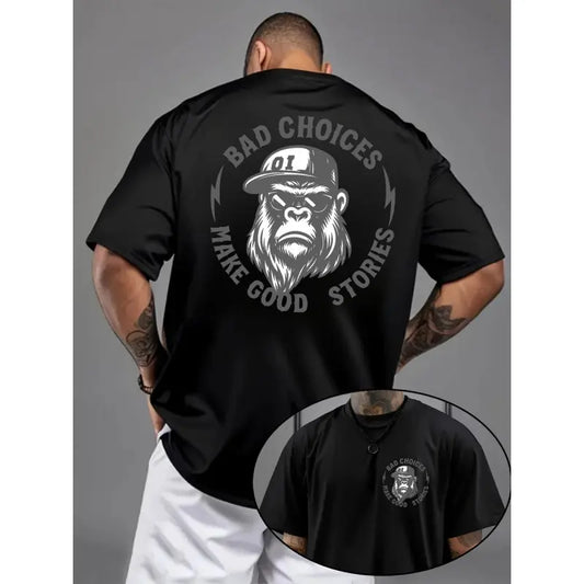 Men's Unisex Crew Neck Fabric T-Shirt - Bad Choices Make Good Stories Chimpanzee Print, Simple Soft Apparel, All-Season Comfort, Heavyweight 100% Cotton Short-Sleeve Sport Top for Outdoor Activities