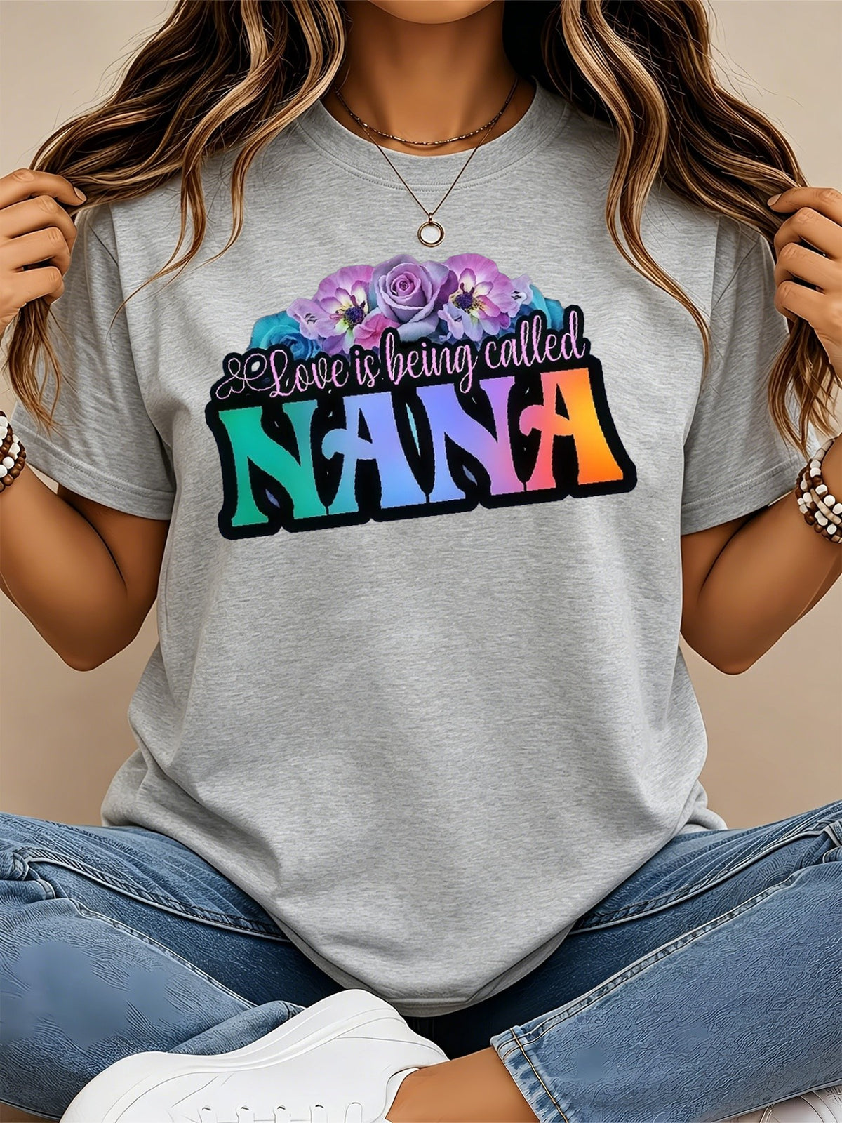 [Summer] New Retro Distressed Short-sleeved T-shirt American Floral Gradient NANA Print Women's Top Loose Drop Shoulder Round Neck Oversized Style Fashionable Commuting Y2K Women