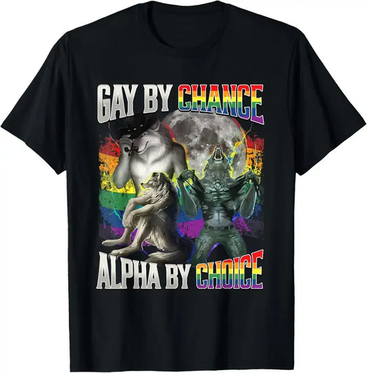100% Cotton Short-Sleeve Round Neck Classic Style LGBT Pride Sports Top - "Gay By Chance Alpha By Choice" Alpha Wolf Menswear Garment, Soft Fabric, Casual Fit Graphic Sports Top