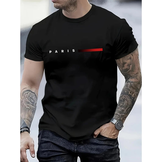 Men's Fashion Paris Print T-Shirt, Casual Round Neck, Soft Polyester, Regular Fit, Summer Top, Knitted Fabric, Adult Size,sohochic