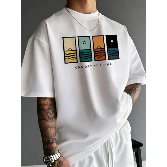 Men's Casual Polyester Short-Sleeve Round Neck T-Shirt - Menswear Stretch Top, Simple Graphic Print, Breathable Fabric, Ideal for Summer Sports & Outdoor Wear