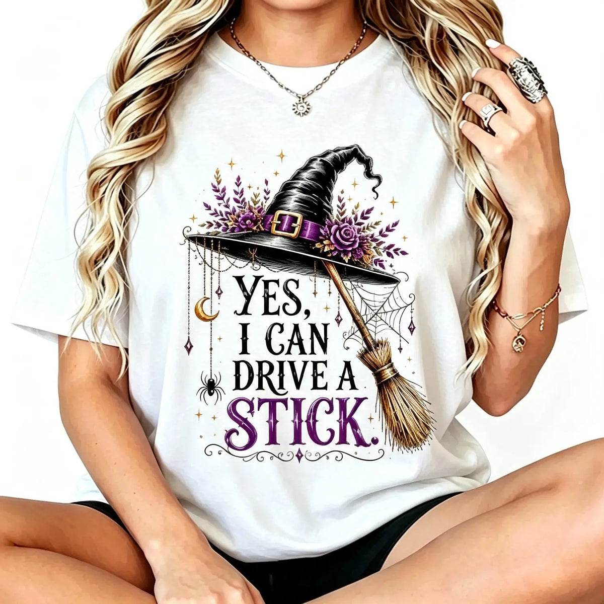 Women's Short-Sleeve Crew Neck Halloween Humor Graphic Tee - "Yes I Can Drive A Stick" Witch Hat Broom Print Casual Clothes, Funny Apparel Top,sohochic