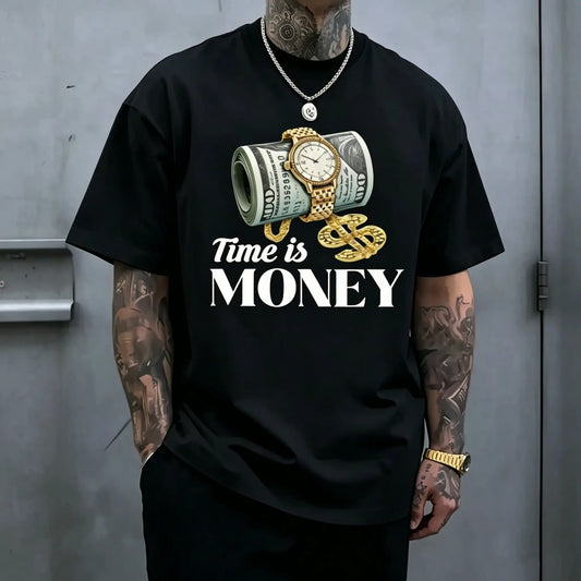 Men's "Time is Money" Graphic Print Tshirt, Hip Hop Streetwear Style Crew Neck Top, Soft Breathable Fabric for Casual Outfits, Cargo Pants, Joggers