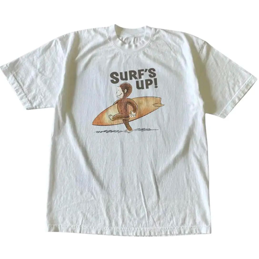 Men's 100% Cotton Curious George Surfs Up Round Neck Cartoon T-Shirt - Unisex Vintage Shirt, Animal Top, Gothic Grunge Y2000 Emo Streetwear Clothing, Summer Gift, Cotton Graphic Tees,sohochic