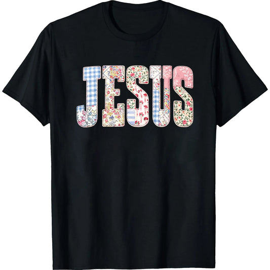 JESUS Patchwork Floral Tee|   Christian Inspirational Vintage Washed Shirt|   Faith Based Oversized Street Style Top