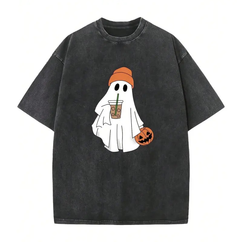 Men's Retro Oversized Acid Wash Black Short-Sleeve Round Neck Pumpkin & Ghost Print Casual T-Shirt - Cute Ghost With Orange Beanie, Iced Coffee Art, Soft Washed Fabric, Spooky Fall Streetwear, Halloween Gift, Machine Washable, Pumpkin & Ghost Print Men's