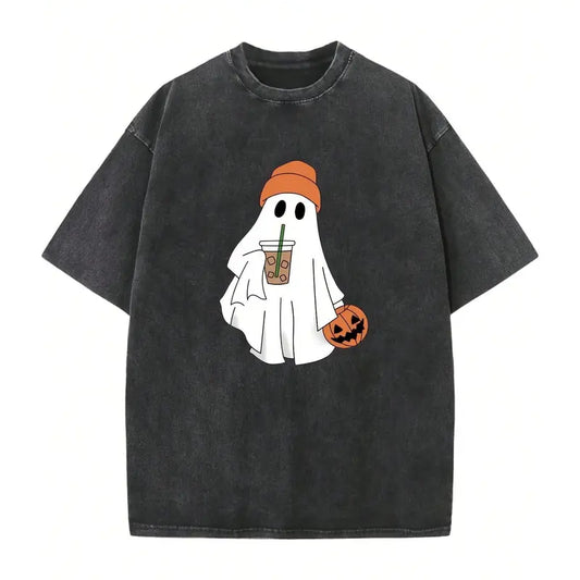 Men's Retro Oversized Acid Wash Black Short-Sleeve Round Neck Pumpkin & Ghost Print Casual T-Shirt - Cute Ghost With Orange Beanie, Iced Coffee Art, Soft Washed Fabric, Spooky Fall Streetwear, Halloween Gift, Machine Washable, Pumpkin & Ghost Print Men's