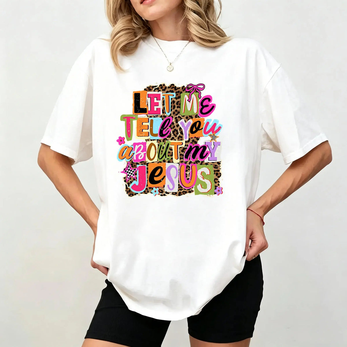 Let Me Tell You About My Jesus" T-shirt, Christian-style leopard print, faith quote T-shirt design, religious Easter shirt. Fit Womenswear Top Knit,sohochic
