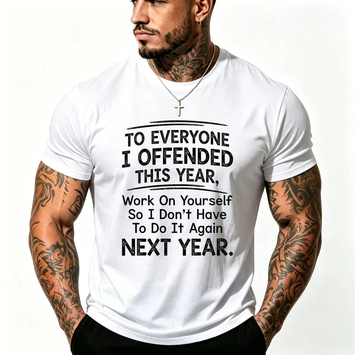 Men's Short Sleeve T shirts Funny "To Everyone I Offended This Year Work On" Quote Sports Summer Party Graphic Tee with Digital Print Regular Fit Classic Crew Neck