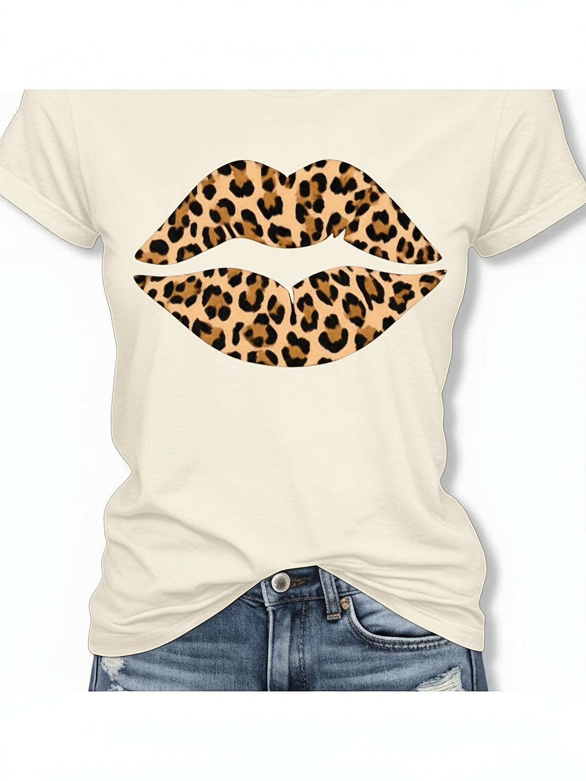WoWomens Short Sleeve TShirt TShirt With Leopard Lips Printed Design Casual Round Neck Stretchy Soft Fabric Machine Washable Summer Fashion Top Trendy Attire Statement Tee Comforta