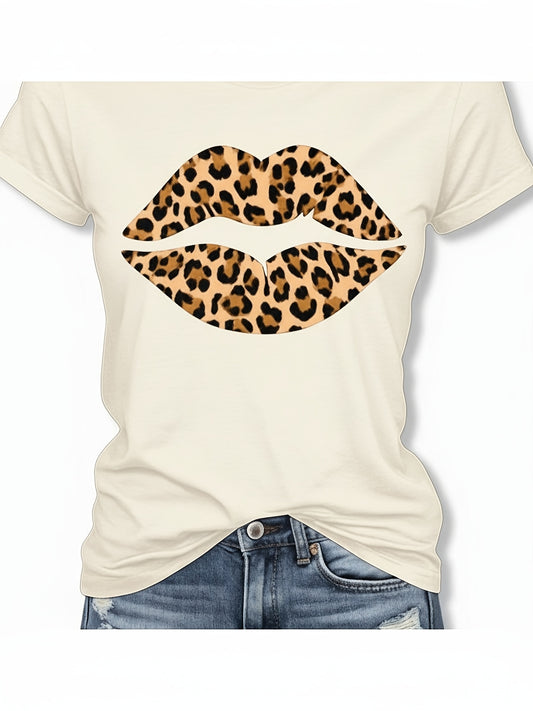 WoWomens Short Sleeve TShirt TShirt With Leopard Lips Printed Design Casual Round Neck Stretchy Soft Fabric Machine Washable Summer Fashion Top Trendy Attire Statement Tee Comforta