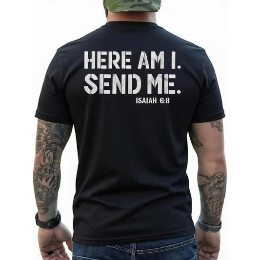 Men's "Here Am I Send Me" Faith Graphic Tee, Christian Clothing, Isaiah 6-8 Bible Verse Mens Gifts, Fathers Day Streetwear Gift for Dad, Faith Message Men's Short-Sleeve T-Shirts,sohochic