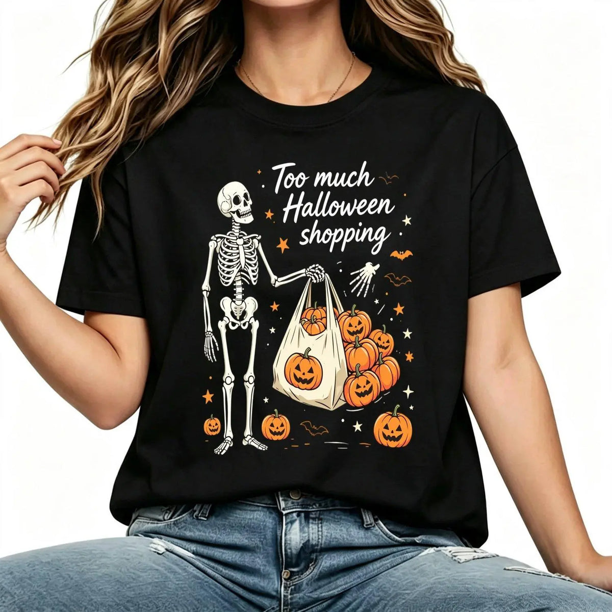 Funny Skeleton Arm Halloween Pumpkin Shopping Graphic Women's Washed Relaxed Fit Short Sleeve T Shirt Spooky Sarcastic Meme Style Top for Halloween Party Seasonal Apparel,sohochic