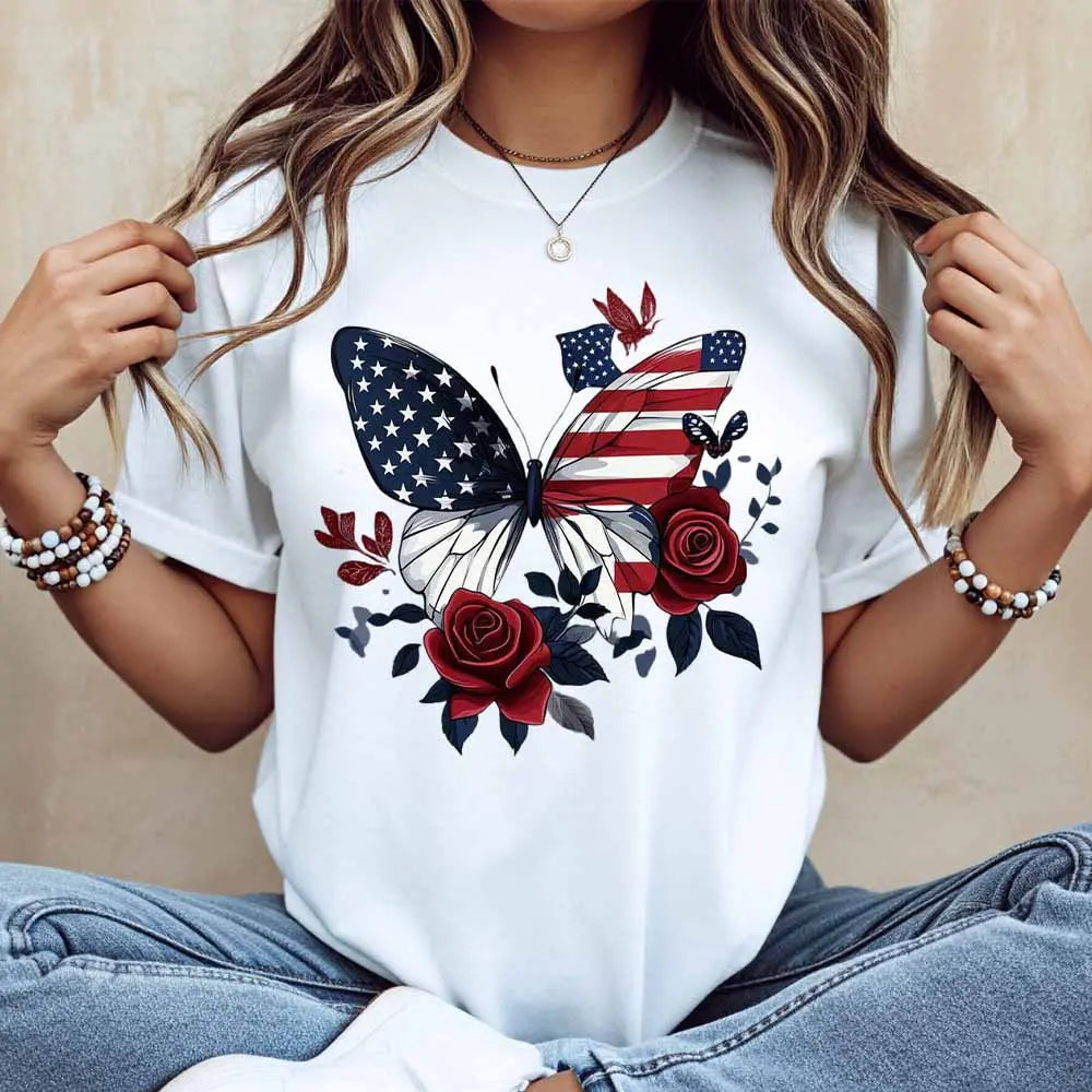 Women Casual T Shirt American Flag Butterfly And Roses Print Patriotic Design For Independence Day Celebration