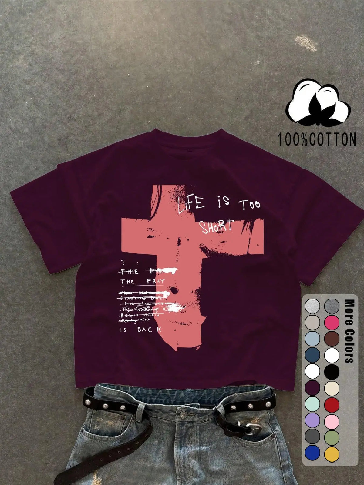 Unisex 100% Cotton Short Sleeve Round Neck T-Shirt, Cross Graffiti Print, Y2K Dark Gothic Street Style, Streetwear, Casual Daily Wear, Loose-Fitting, Long Length, Aesthetic