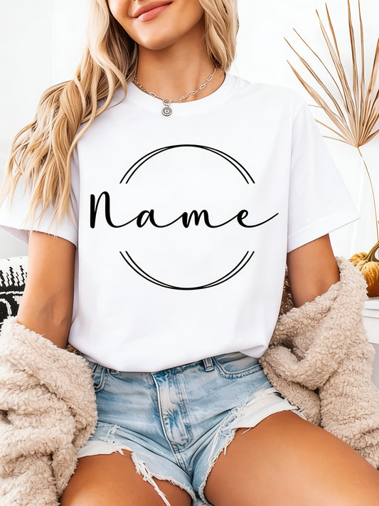 Custom Personalized Name Women T-Shirt, Minimalist Circle Cursive Custom Text Graphic Short Sleeve Tee, Simple Elegant Crew Neck Relaxed Fit Ladies Top, Plain Minimal Line Print Soft Casual Daily Basic Outfit