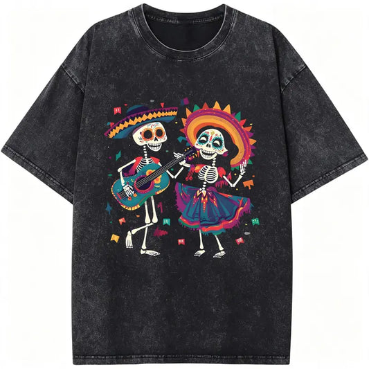 Vibrant Folk Art Skeleton Dance T-Shirt for Women Celebrate Spring and Summer with a Colorful Graphic Print Featuring Skulls and Guitar Design