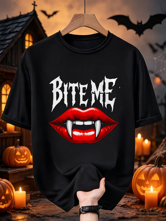 California Republic unisex'S Men'S Style Tshirt Gothic BITE ME Vampire Lips Bat Print Unisex Casual Round Neck for Halloween Costumes Christmas Gifts Year Top for Daily Activities Crew Neck Dr retro casual round neck printed T-shirt unisex