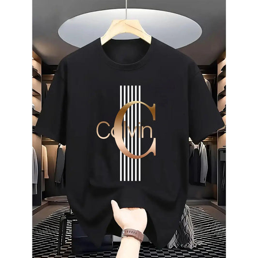 Men'S Casual Calvin Graphic T-Shirt - Bold Letter Print with Black Stripes & Golden Accents, Breathable Round Neck Summer Streetwear, Machine Washable, Comfortable Everyday Fashion Tee, Everyday Tshirt |Bold Letter Print |Comfortable Fit, T Shir Cotton