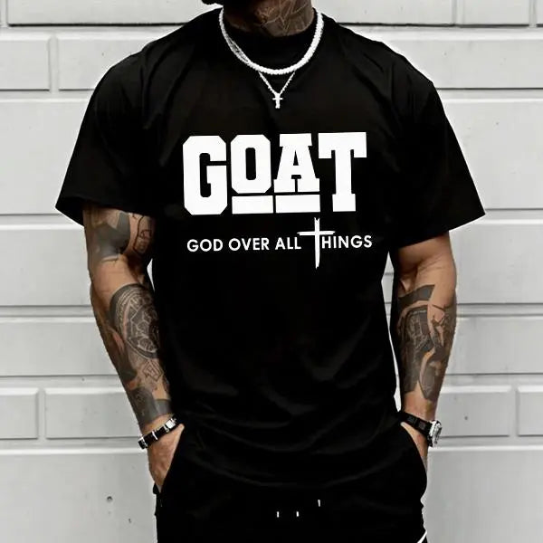 Men's "God Over All" Cotton Graphic T-Shirt - 100% Cotton, Breathable Loose Short-Sleeve Round Neck, Urban Faith Trendy Graphic Shirts, Everyday Outdoor Casual Clothes Products, Christian Apparel, Spring Gift for Him, Streetwear Top, Men's Shirts Graphic