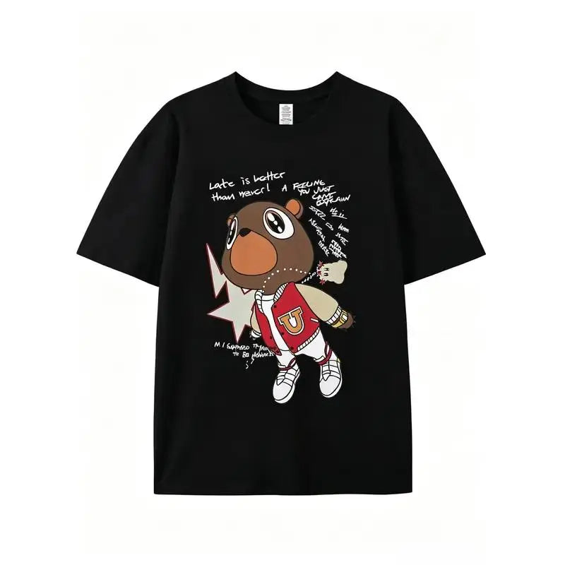 Graduation Bear Graphic Tee, Y2K Rap Streetwear T-Shirt, Unisex Crew Neck, Vintage Hip-Hop Graphic, Sports Style, Casual Cotton Fit, Shortsleeve, Round Neck