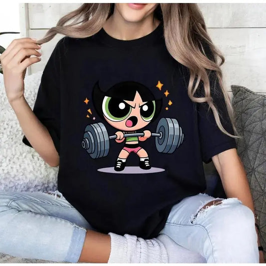 Women's Unisex Powerpuff Girls Bubbleless Vintage Gym T-Shirt - Cartoon Character Basic Comfort Top, Fitness Workout Shirt for Weightlifters, Bodybuilding Streetwear, Suitable for Beach, Leggings Pairing, Denim Layering, Swimsuit Cover-Up, Everyday Wear
