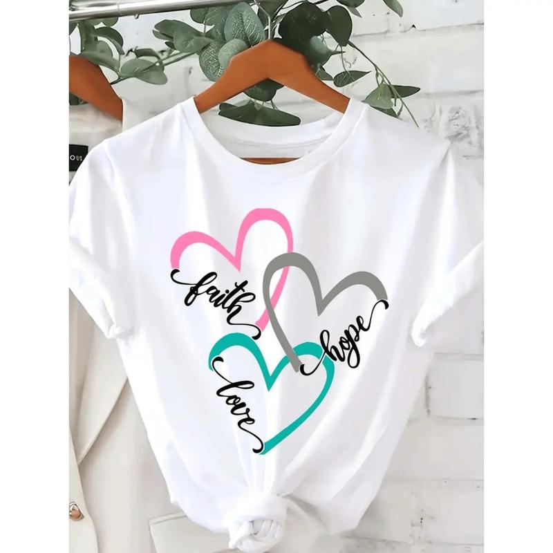 Women's Graphic T-Shirt - Faith Love Hope Graphic Print,  Fabric, Retro Casual Oversized Short-Sleeve Top